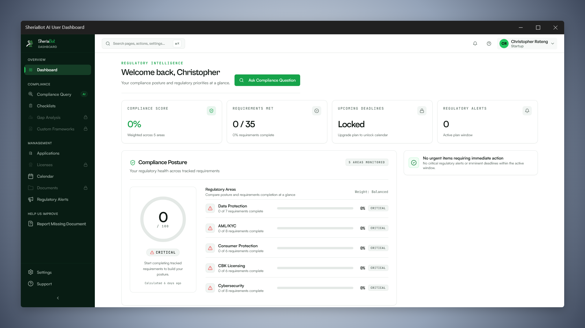 SheriaBot AI User Dashboard — Regulatory Intelligence & Compliance Platform